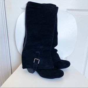 Tall Black Suede Leather Boots Fold Over